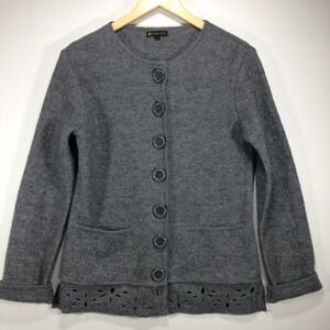 RINO ROSSI Cardigan Sweater Womens Small Boiled Wool Button‎ Up Grey Cutout Hem